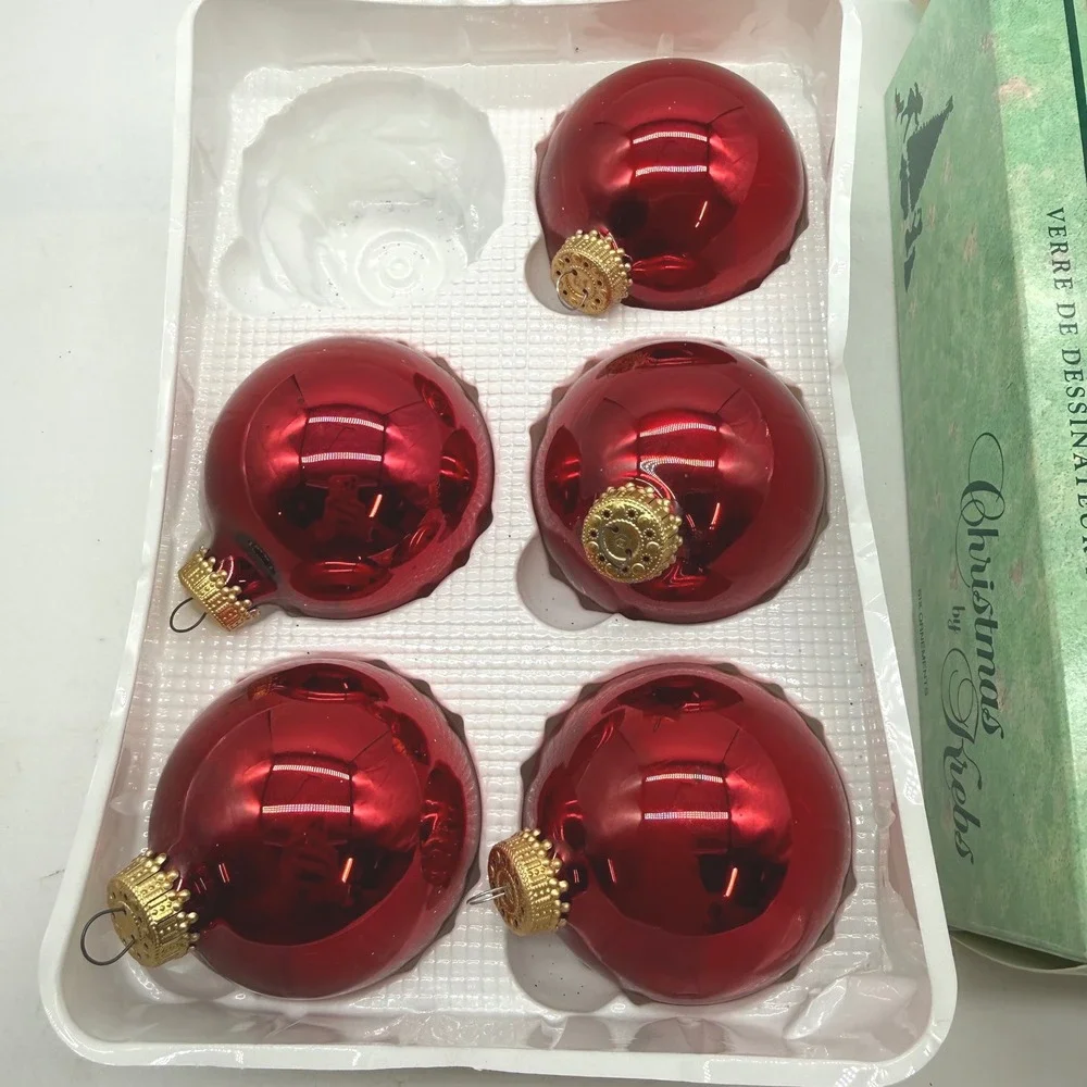 Christmas by Krebs December Red Glass Ornaments Set of 5 with Gold Crowns Box